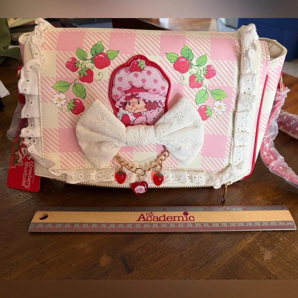 Strawberry-Themed Pink Crossbody Bag with Lace Bow Charm - Picture 1 of 2